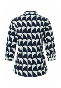 Marineblaue Bluse mit weißem abstraktem Muster, kragenförmigem Ausschnitt, langen Ärmeln mit geknöpften Manschetten und abgerundetem Saum.