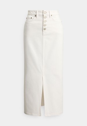 Λευκή μίντι φούστα από τζιν με ψηλή μέση, μπροστινό κούμπωμα με κουμπιά, θηλιές για ζώνη, τσέπες και μπροστινή σχισμή.