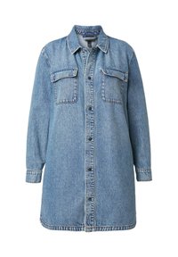 Denim jurk blouse in een lichtblauwe tint, met knoopsluiting, twee borstzakken en lange mouwen met knoopmanchetten.