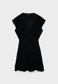 Robe noire avec manches courtes volantées, décolleté en V profond, taille froncée et jupe à volants superposés. Fabriquée en tissu léger avec une finition texturée.