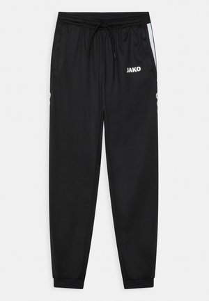 Black athletic pants with a drawstring waist, elastic cuffs, side pockets, and a white "JAKO" logo. Made of smooth, lightweight material.