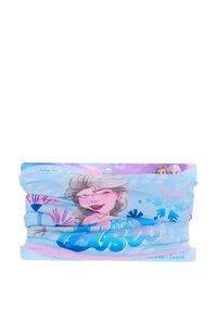 Accessorio multifunzionale di colore azzurro chiaro con illustrazioni di personaggi di un film, con motivi colorati e una texture morbida.