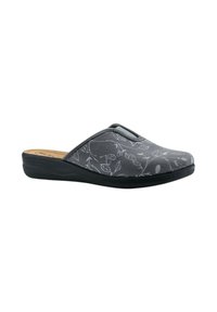 Scarpa slip-on grigia con motivo floreale, con tomaia in morbido tessuto e suola in gomma nera. Presenta una soletta imbottita per il massimo comfort.