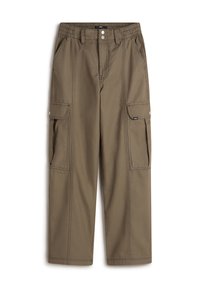 Olijfgroene cargo pants met een relaxte pasvorm, een elastische tailleband, twee zijzakken en contrasterende stiksels. Duurzaam materiaal.