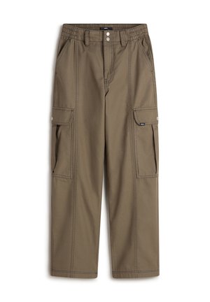 Pantalones cargo verde oliva con un ajuste relajado, cinturilla elástica, dos bolsillos laterales y detalle de costura en contraste. Tejido duradero.