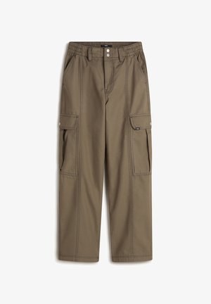 Olive green cargo pants with a relaxed fit, elastic waistband, two side pockets, and contrasting stitching detail. Durable fabric.