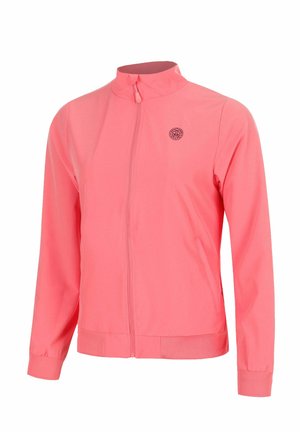 Korallenrosa Zip-up-Jacke mit Stehkragen, langen Ärmeln, gerippten Bündchen und Saum sowie kleinem rundem Logo auf der linken Brust.