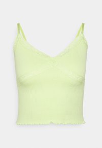 Camisola canelada em verde limão com acabamento rendado, decote em V e alças ajustáveis. A bainha com bainha de gota na parte inferior adiciona um detalhe texturizado.