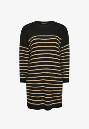Sukienka dzianinowa z okrągłym dekoltem, w poziome czarne i beżowe paski, z długimi rękawami i luźnym krojem, wykonana z miękkiego materiału.
