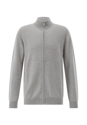 Hellgrauer Langarm-Reißverschluss-Pullover mit Stehkragen sowie gerippten Bündchen und Saum, vor einem weißen Hintergrund präsentiert.