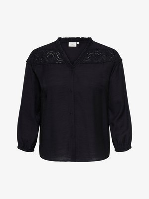 Černá dlouhý rukáv halenka na knoflíky s výstřihem do V, volánkovým lemováním a krajkovým detailem přes ramena, elastické manžety a volný střih.