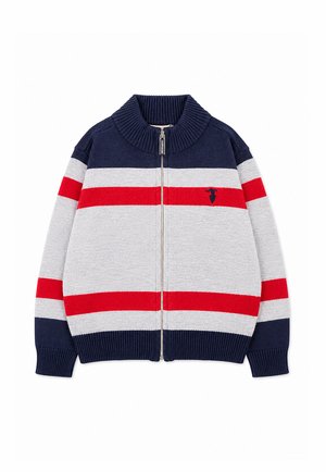 Maglione a righe blu navy, grigio e rosso con zip integrale, collo, polsini e orlo a coste e piccolo logo scuro sul petto.