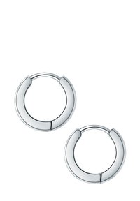 Orecchini a cerchio in argento con una superficie liscia e riflettente e un bordo leggermente testurizzato. Design circolare con un'apertura centrale per un facile utilizzo.