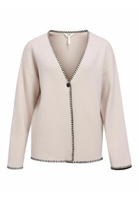 Lys beige cardigan med V-hals, lange ærmer, sort knaplukning og kontrasterende sort syning langs kanterne. Blød tekstur.