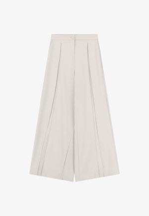 Pantaloni beige a vita alta con gambe larghe, pieghe frontali, chiusura con bottone e design pulito e sartoriale.