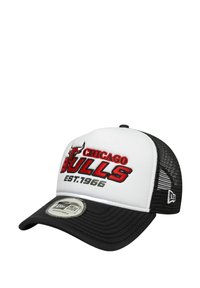 Black and white baseball cap featuring Chicago Bulls logo and "EST. 1966" in red embroidery, with a textured mesh back and adjustable strap.