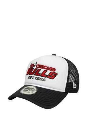 Black and white baseball cap featuring Chicago Bulls logo and "EST. 1966" in red embroidery, with a textured mesh back and adjustable strap.