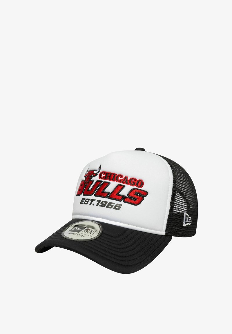 Black and white baseball cap featuring Chicago Bulls logo and "EST. 1966" in red embroidery, with a textured mesh back and adjustable strap.