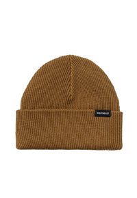 Gorro de lana marrón con una textura acanalada, que presenta un dobladillo y un pequeño parche de logo negro en la parte frontal.