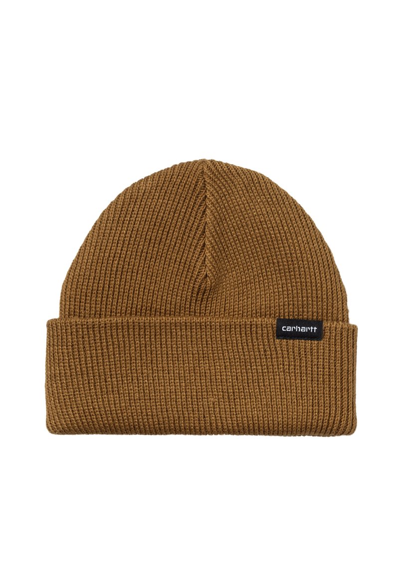 Gorro de lana marrón con una textura acanalada, que presenta un dobladillo y un pequeño parche de logo negro en la parte frontal.