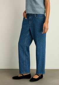 Blå rutiga denimbyxor i avslappnad passform, med medelhög midja, bältesöglor och traditionell fem-fickorsdesign. Svarta ballerina.