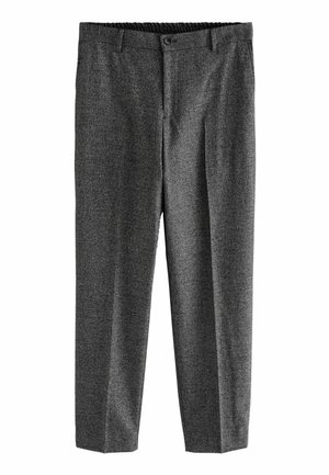 Pantalons gris texturé avec un motif à carreaux subtil, présentant une fermeture à bouton et une taille élastique, design à jambe fuselée.