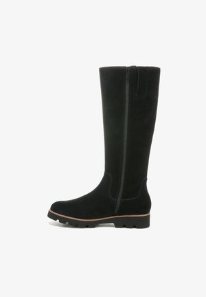 Schwarze Wildleder-Stiefel mit hohem Schaft, seitlichem Reißverschluss, runder Zehenform, Gummisohle und kontrastierendem, beige Nähten entlang des Randes.
