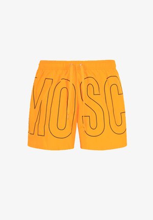 Costume da bagno arancione brillante con lettering nero "MOSC", vita elastica con cordino e materiale liscio e leggero.