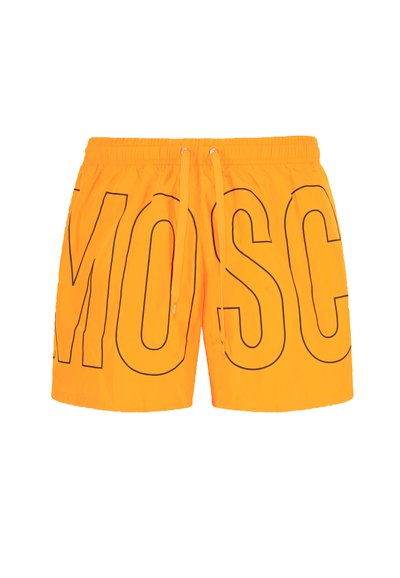 Costume da bagno arancione brillante con lettering nero "MOSC", vita elastica con cordino e materiale liscio e leggero.