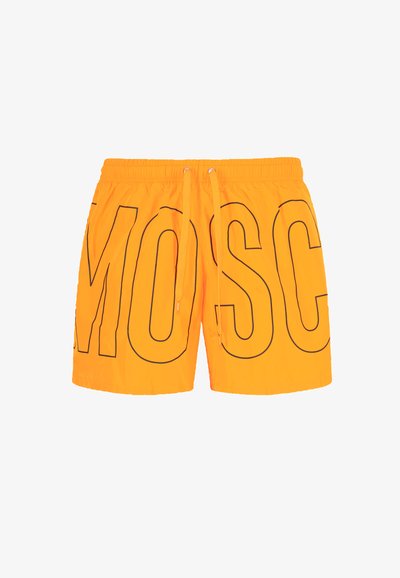 Costume da bagno arancione brillante con lettering nero "MOSC", vita elastica con cordino e materiale liscio e leggero.