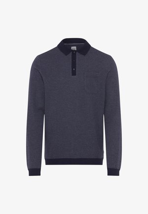 Marineblaues Langarm-Polohemd, strukturierter Stoff, Knopfleiste mit drei Knöpfen, kontrastierender Kragen und eine kleine Brusttasche auf der linken Seite.