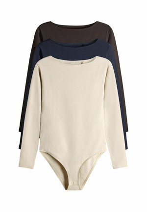 Three long-sleeve bodysuits in beige, dark blue, and black. Soft cotton material with a crew neckline and snap-button closure at the bottom.