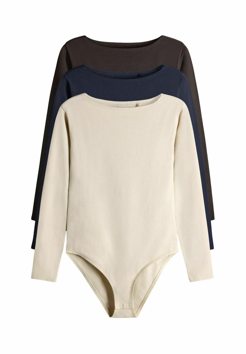 Kolm pika varrukaga bodysuit'i beežis, tumesinises ja mustas värvitoonis. Pehme puuvillane materjal, ümmargune kaelus ja nööbiga sulgemine all.