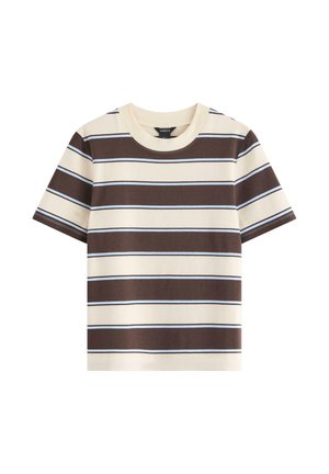 Korte mouw t-shirt van katoen, met horizontale strepen in bruin en roomkleurig met lichtblauwe accenten. Klassieke ronde hals, ontspannen pasvorm.