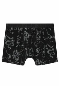 Mustat boxerit, joissa on valkoinen graafinen kuvio hyppivistä kissoista ja käärmeistä, ja ei-tulostettu musta vyötärönauha.