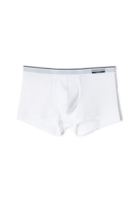 Bílé bavlněné boxerky s předním kapsovým designem, elastickým pasem se šedými a černými pruhy a hladkou texturou.