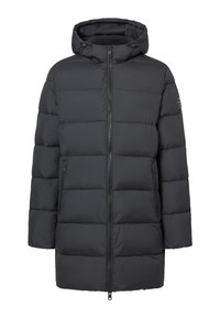 Czarna pikowana kurtka z kapturem, zapinana na pełny zamek z przodu, z dwoma bocznymi kieszeniami i poziomym przeszyciem. Minimalistyczny design.