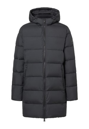 Schwarzer gesteppter Mantel mit Kapuze, ausgestattet mit einem durchgehenden Frontreißverschluss, zwei Seitentaschen und horizontaler Steppstruktur. Minimalistisches Design.