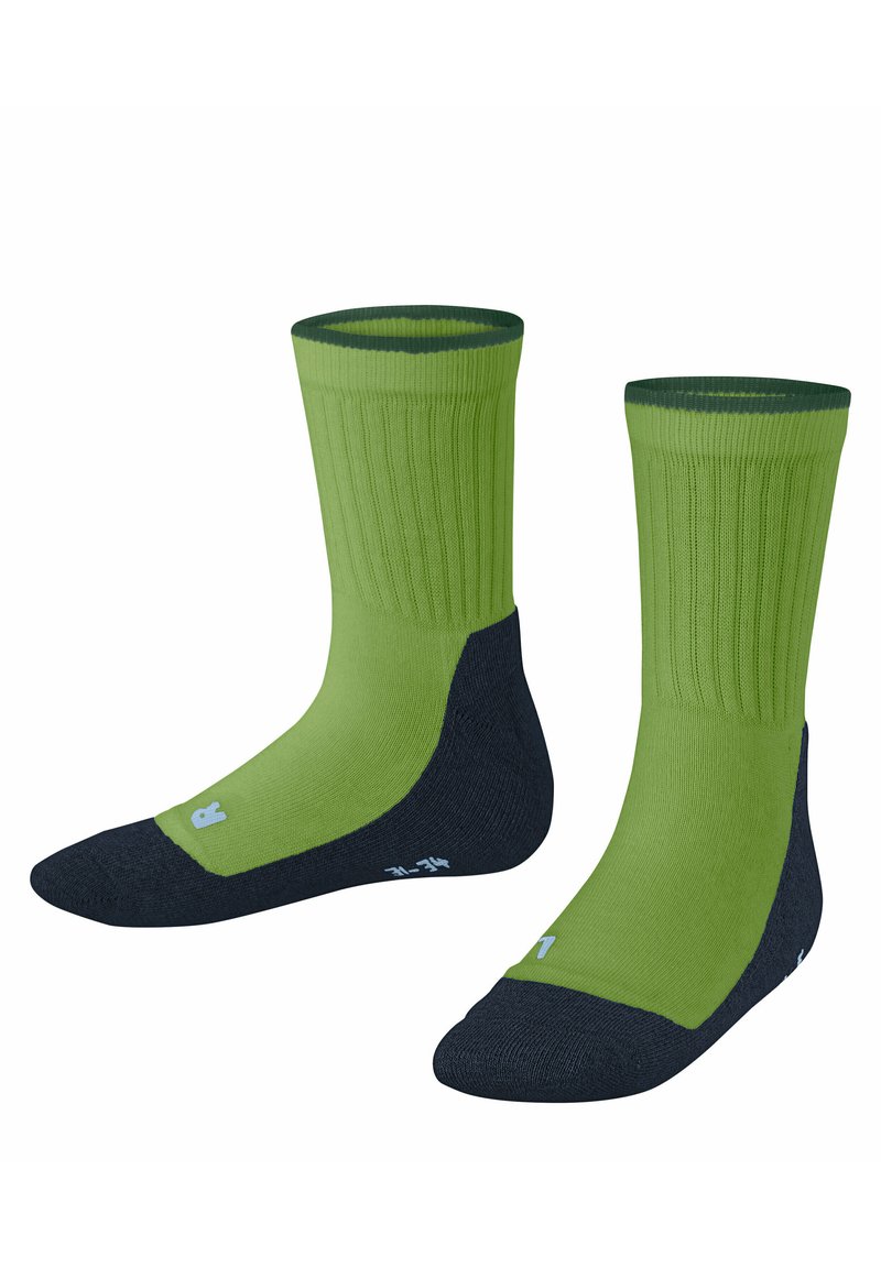 Grüne Socken mit geripptem Oberteil, dunkelgrünen Fersen- und Zehenabschnitten sowie hellgrünen Akzenten. Das Material wirkt glatt mit verstärkten Nähten.