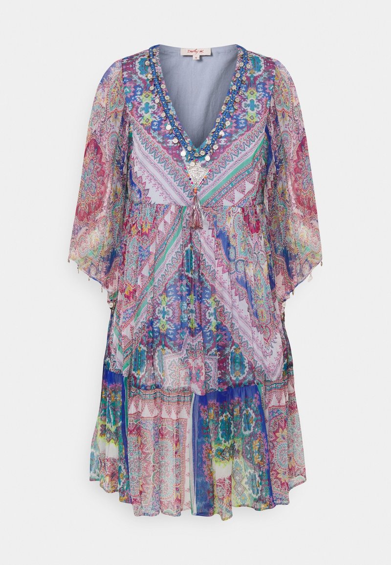 Robe transparente multicolore avec un col en V, des manches fluides et un motif comprenant des motifs géométriques et floraux complexes.