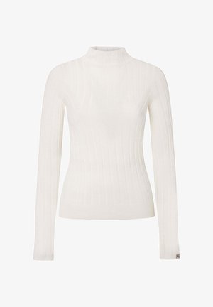 Witte geribbelde coltrui met lange mouwen, met een aansluitend ontwerp en een gestructureerde stof. Subtiel logo detail nabij de mouwzoom.