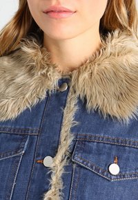 Džínová bunda s umělým kožíškem na límci, zapínáním na knoflíky a dvěma předními kapsami. Hlavní barva je modrá s hnědými akcenty na límci.