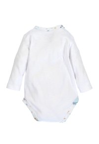Biały body dla niemowląt z długim rękawem, zapinane na zatrzaski u dołu, z wzorzystą lamówką przy kołnierzyku i otworach na nogi.