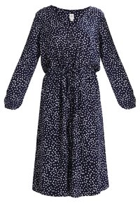 Vestito blu navy a maniche lunghe, con un motivo floreale in bianco e rosa, scollatura a V e vita con laccetto per una vestibilità regolabile.