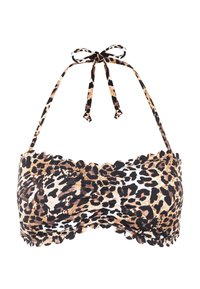 Bikini top v leopardím vzoru s vlnitými okraji, nastavitelné zavazování a kombinací hnědých, černých a krémových odstínů.