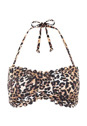Top bikini bandeau con stampa leopardata, bordi scallop, lacci regolabili e una combinazione di tonalità marroni, nere e crema.