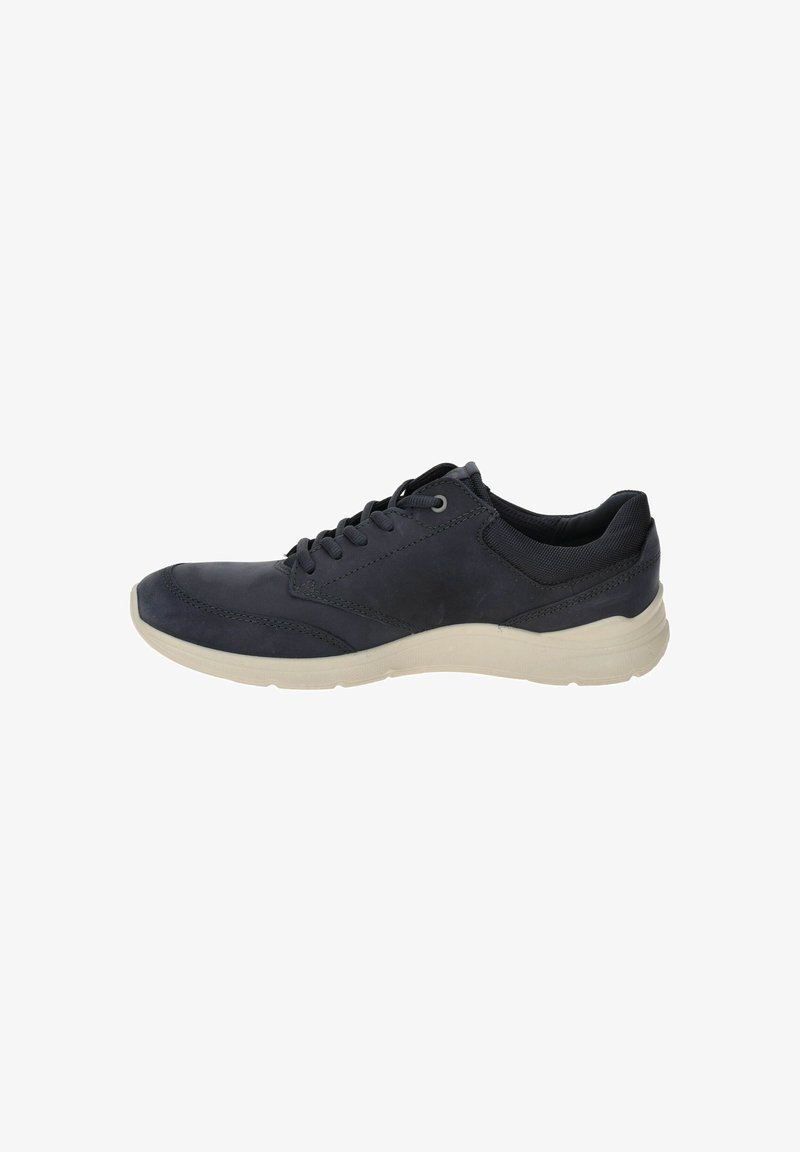 Dark navy sneaker with smooth leather upper, round toe, textured mesh accents, and light-colored rubber sole. Lace-up design with stitched details.