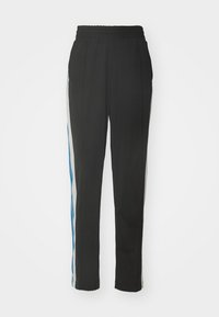 Svarta sweatpants med elastisk midja, med blå och grå sidostrikar, rak benform och slät tygtextur.