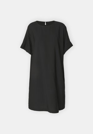 Black, loose-fitting dress made of soft fabric. Features short sleeves, a round neck, and side pockets. Minimalist design with a straight silhouette.