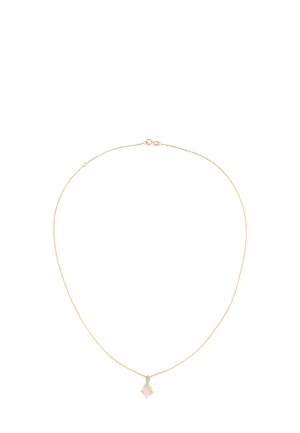 Collana in oro con un delicato pendente quadrato in pietra rosa. Presenta una chiusura a gancio e maglie della catena fini per un tocco elegante.